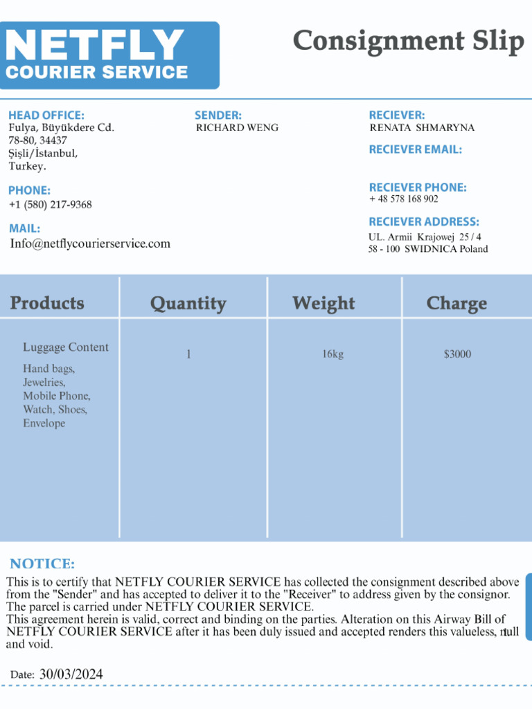 NETFLY COURIER SERVICE Consignmentslip | PDF