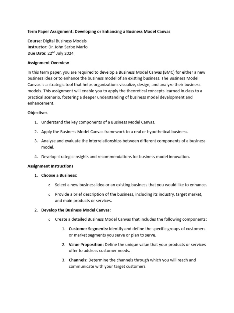 Term Paper Assignment Developing Or Enhancing A Business Model Canvas