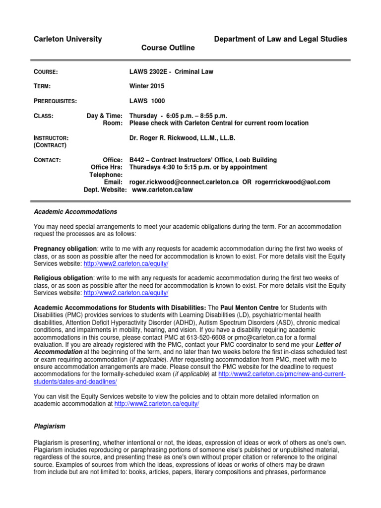 Carleton LAWS 2302E: Criminal Law Course | PDF | Plagiarism | Crimes
