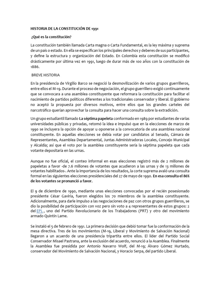 Historia de la Constitución de 1991 en Colombia | PDF | Gobierno