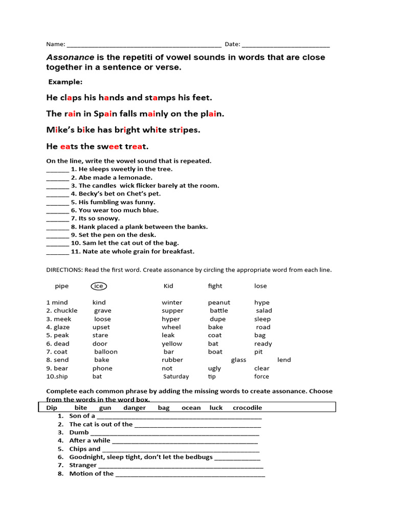 Assonance Worksheet | PDF