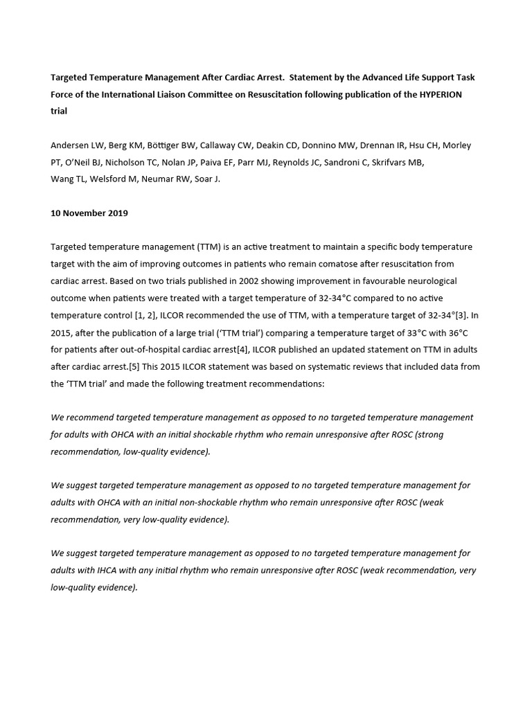 ILCOR TTM Statement 10nov2019 | PDF | Cardiopulmonary Resuscitation ...