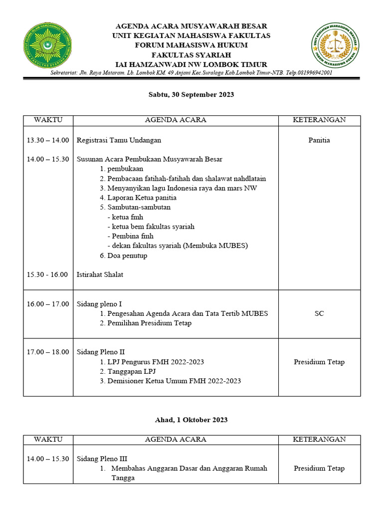 Agenda Musyawarah Besar FMH 2023 | PDF