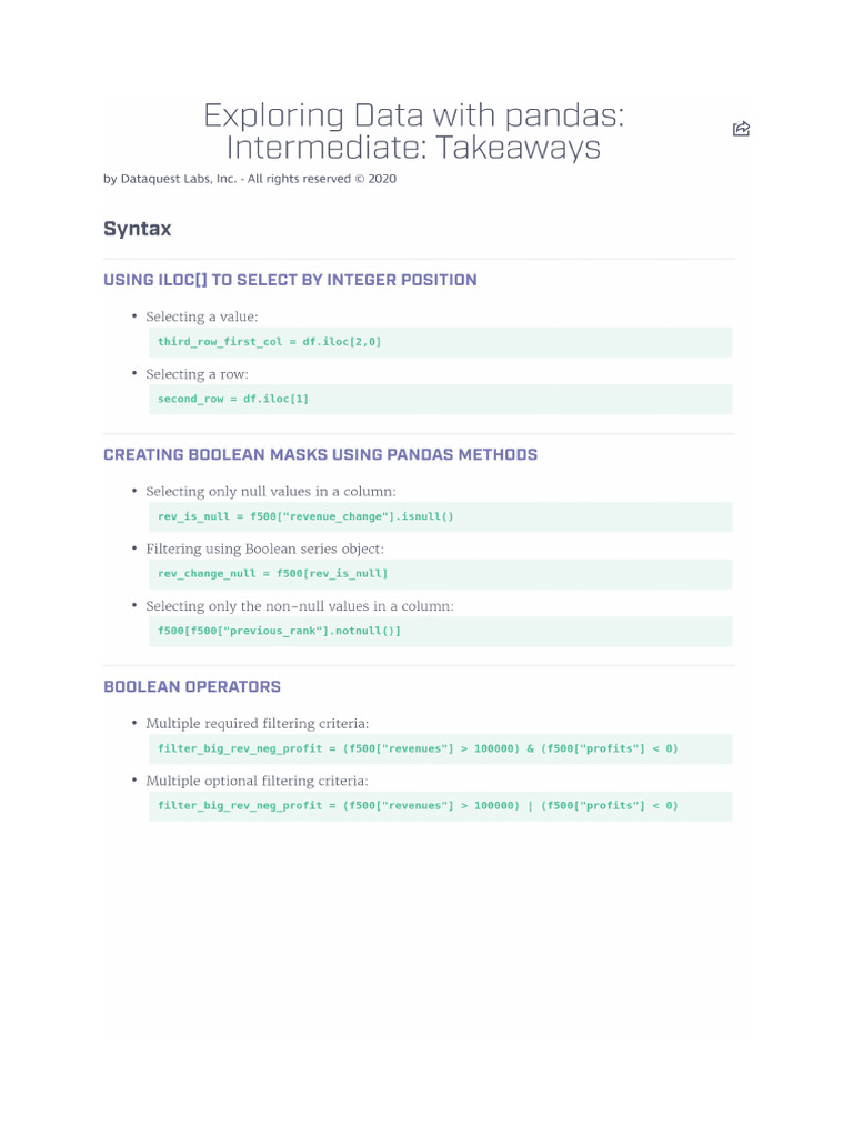 Mission 292 Exploring Data With Pandas: Intermediate Takeaways | PDF