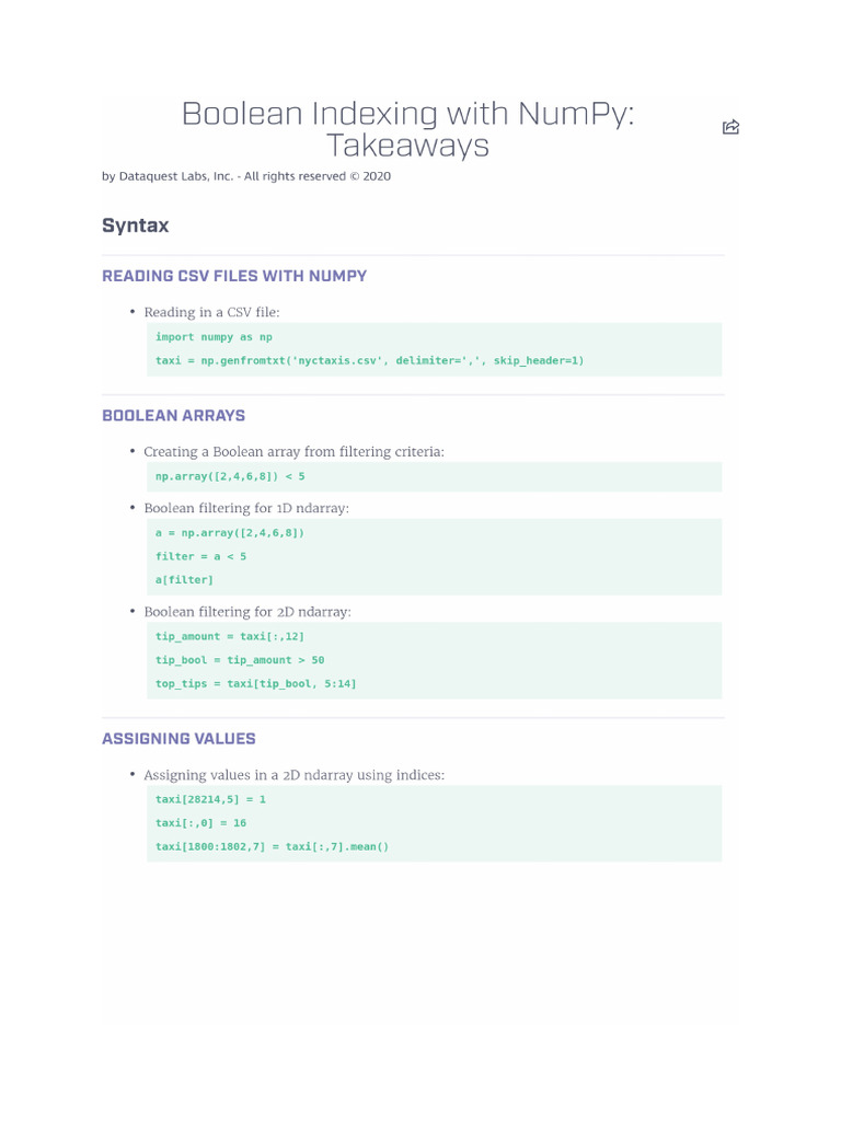 Mission 290 Boolean Indexing With Numpy Takeaways | PDF