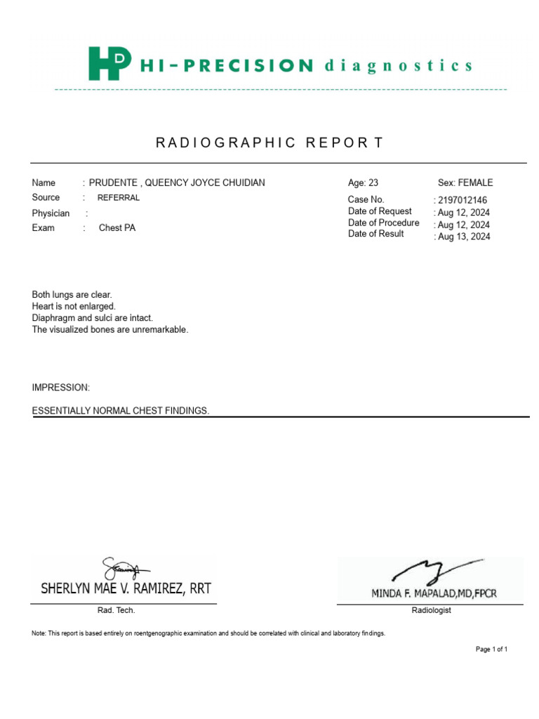Normal Chest X-Ray Report Sample | PDF
