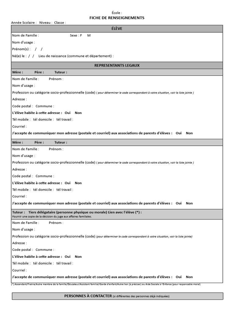 Fiche de Renseignements Eleve Modifiable | PDF | Sciences sociales