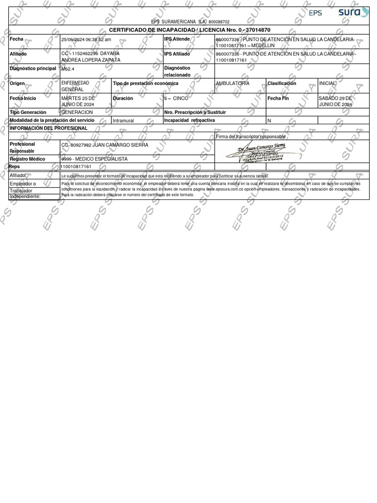 Certificado de Incapacidad EPS Sura 2024 | PDF | Cuidado de la salud ...