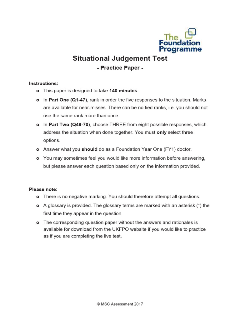 Situational Judgement Test Practice Paper | PDF | Intensive Care Unit ...