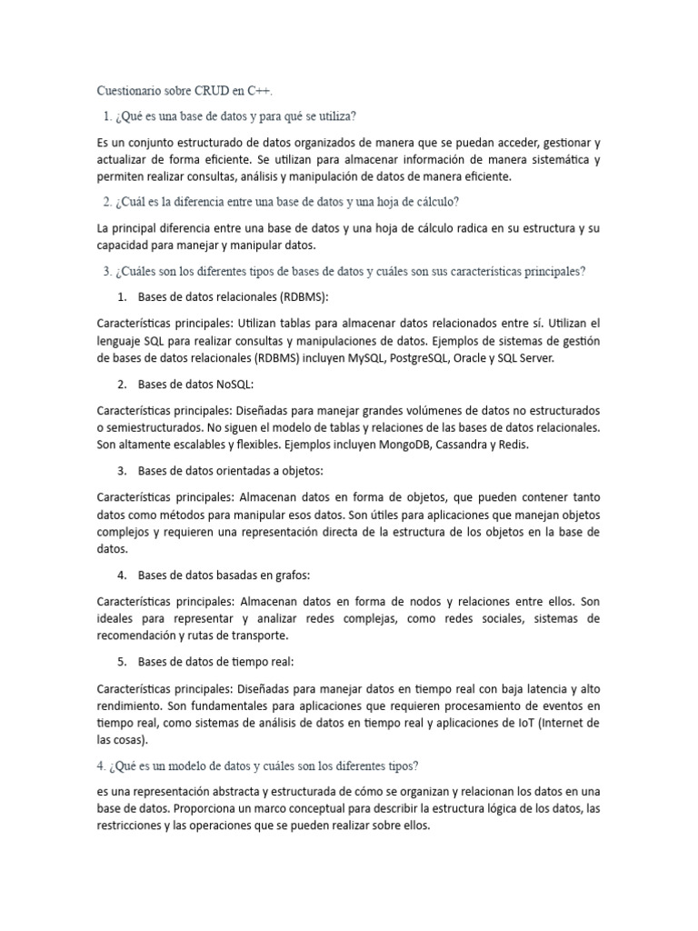 Cuestionario sobre crud en c pdf bases de datos base de datos