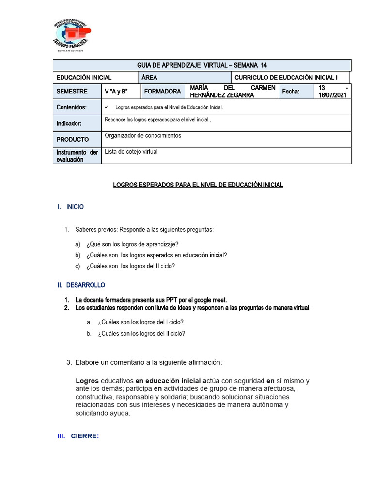 Guia de Aprendizaje 14 | PDF | Educación de la primera infancia ...