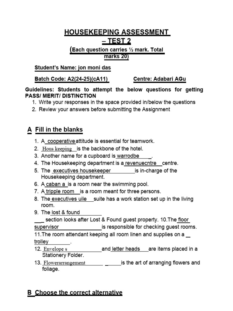 Housekeeping Assessment Test | PDF | Housekeeping | Hygiene