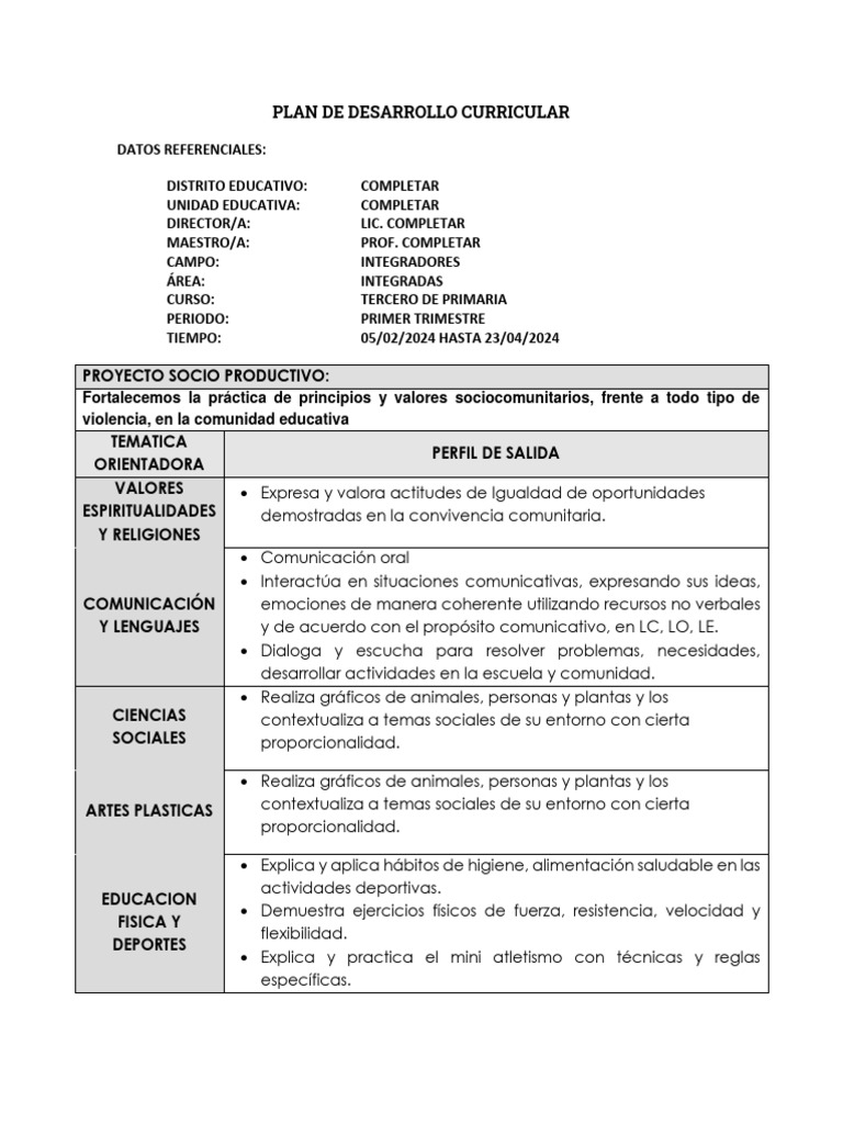 Plan de Desarrollo Curricular 3° Primaria | PDF | Comunicación ...
