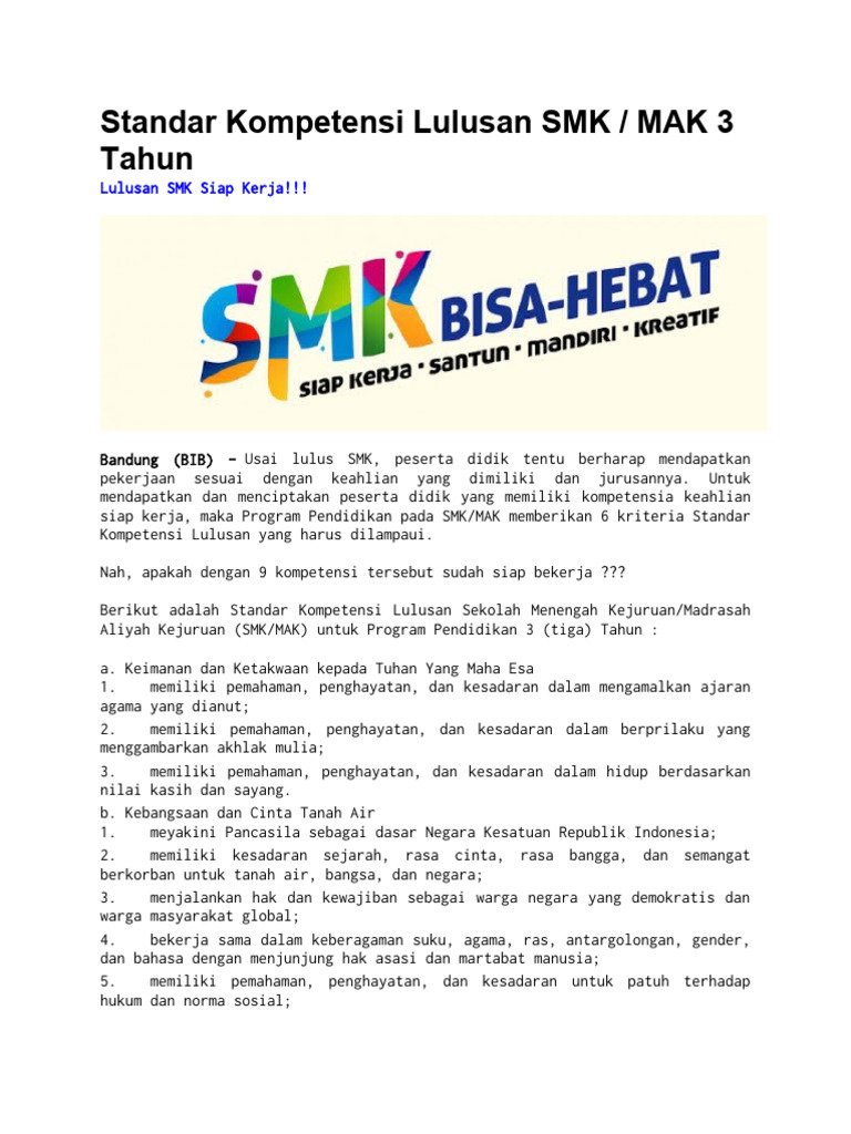 Standar Kompetensi Lulusan Smk Pdf