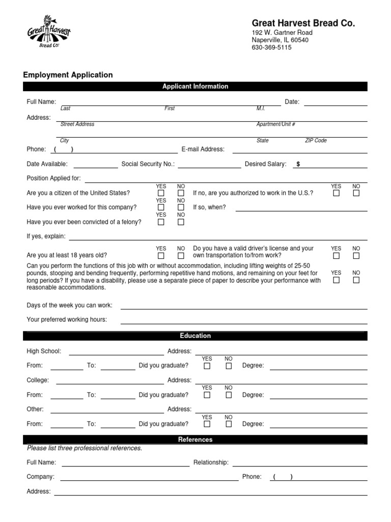 Great Harvest Bread Co. Employment Application | PDF