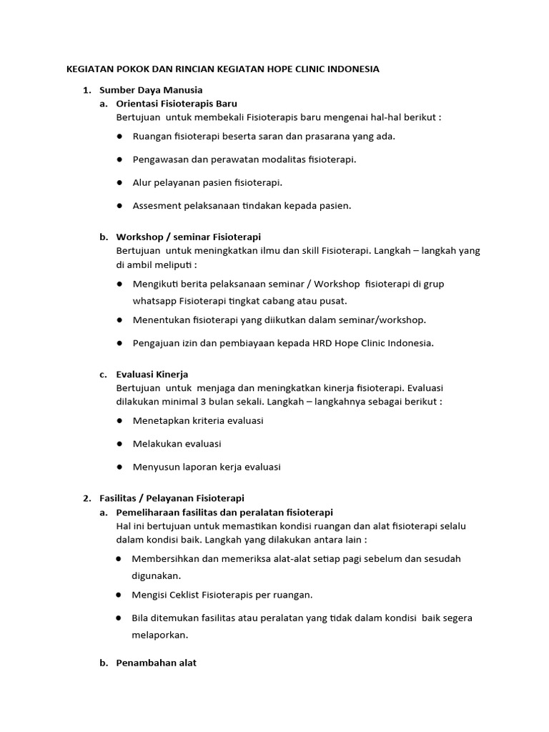 Kegiatan Pokok Dan Rincian Kegiatan Hope Clinic Indonesia | PDF ...