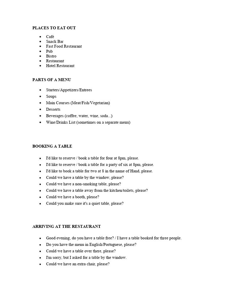 At A Restaurant Eating Out | PDF | Restaurants | Waiting Staff