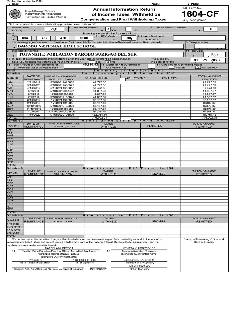 BIR Form 1604 2019 | PDF | Employment | Taxes