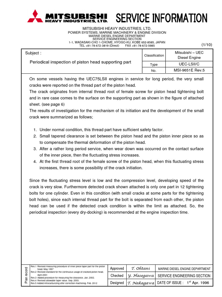 UEC75LSII Marine Engine Piston Head Inspection | PDF | Screw | Piston