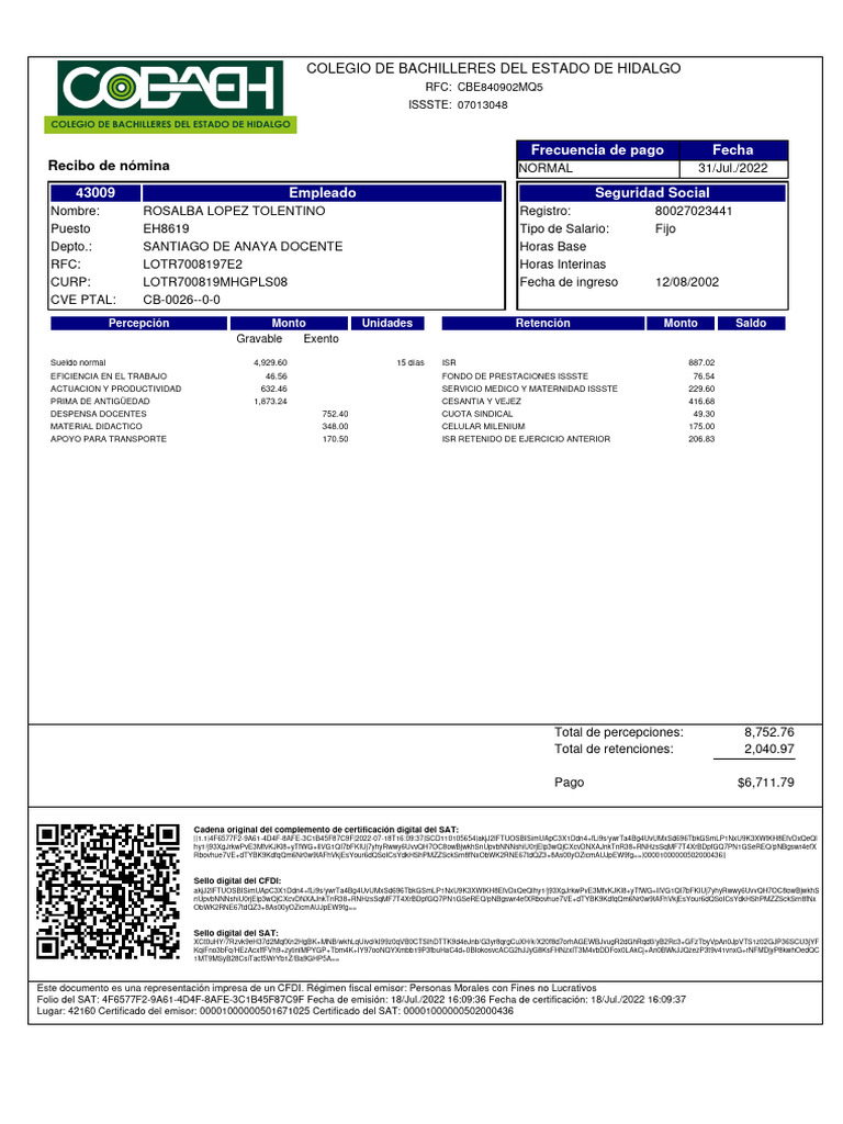 Recibo de Pago de Nómina - 20220718 | PDF | Economias | Labor