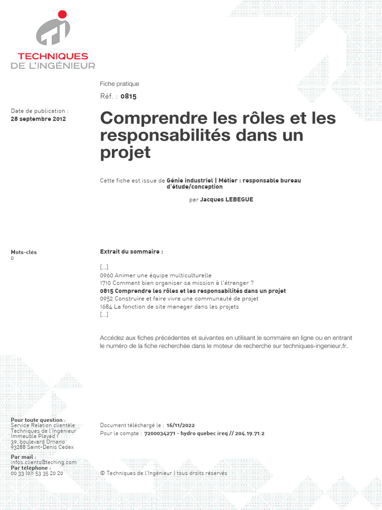Rôles et responsabilités dans un projet | PDF | Partie prenante | Business