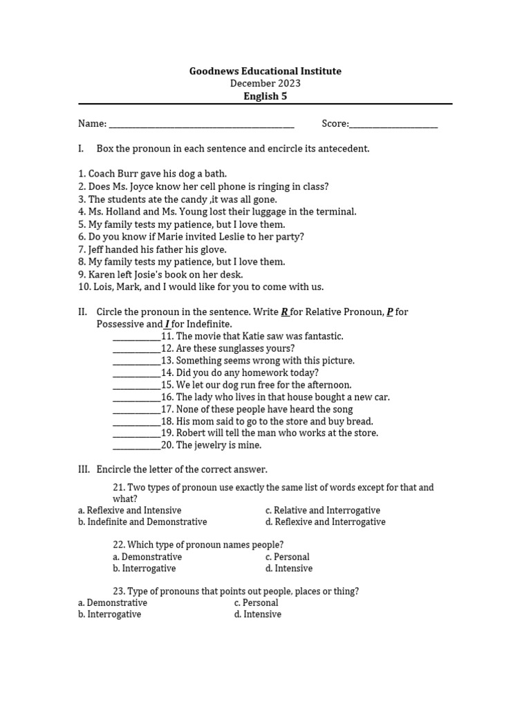 Grade 5 English Test Pdf Pronoun Syntactic Relationships