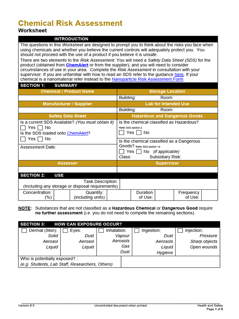 Chemical Risk Assessment Worksheet | PDF | Risk | Toxicity