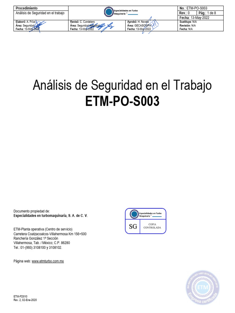 Análisis de Seguridad en el Trabajo ETM | PDF | Riesgo | Planificación