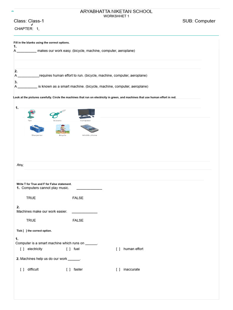 Computer CLASS 1 Worksheet | PDF