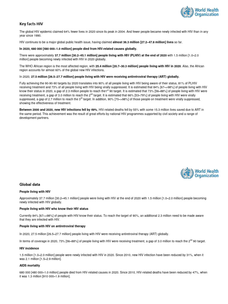 Key Facts Hiv 2020 | PDF | Hiv | Management Of Hiv/Aids
