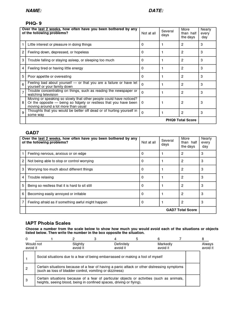 Questionnaire PHQ9 GAD7 Etc | PDF | Fear | Panic Attack