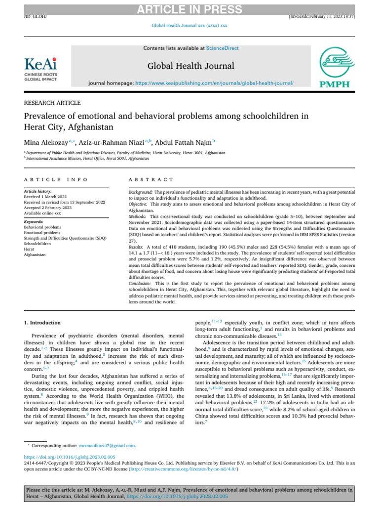 14 Alekozay 2023 Prevalence of Emotional and Behavioral Problems | PDF ...