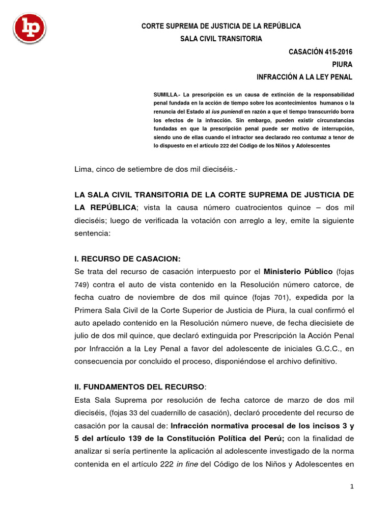 Casacion 415 2016 no prescribe la infracci n de ley por reo contumaz