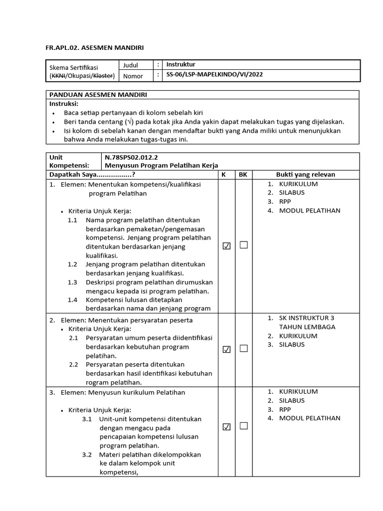 Contoh Pengisian 02 Fr Apl 02 Asesmen Mandiri Pdf