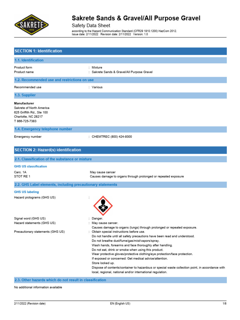 All SandGravel All Purpose Gravel SDS 2022 02 11 | PDF | Working ...