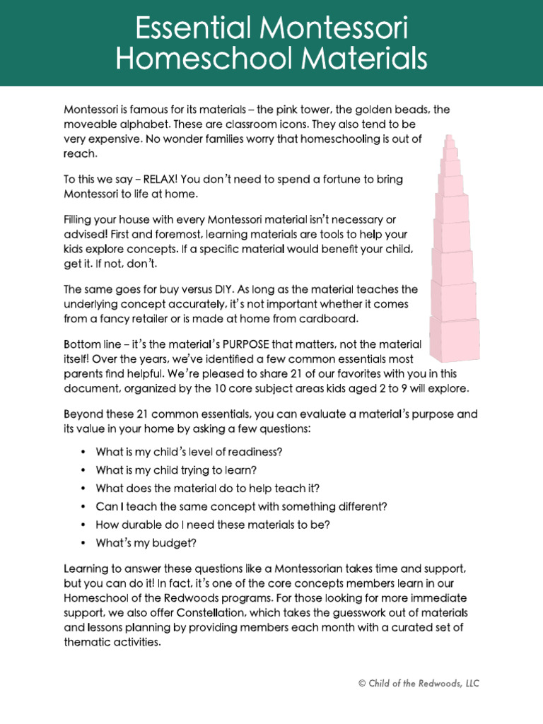 Montessori Classroom Materials Checklist