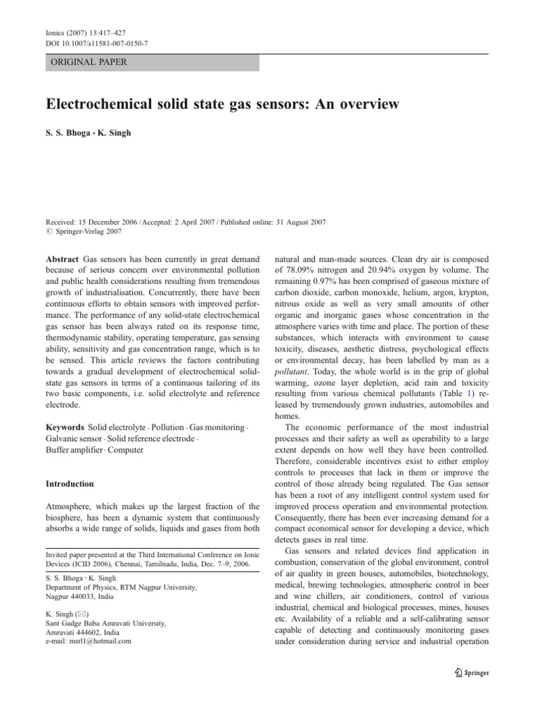 Electrochemical Solid State Gas Sensors | PDF | Electrochemistry | Sensor