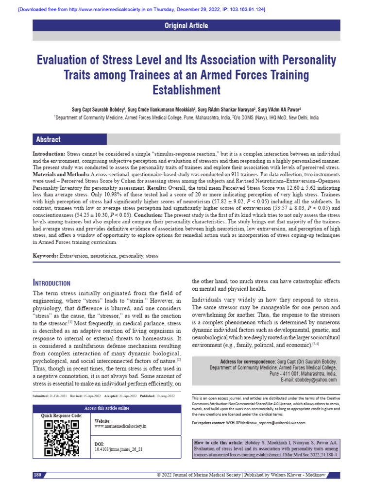 Evaluation of Stress Level and Its Association With Personality Traits ...