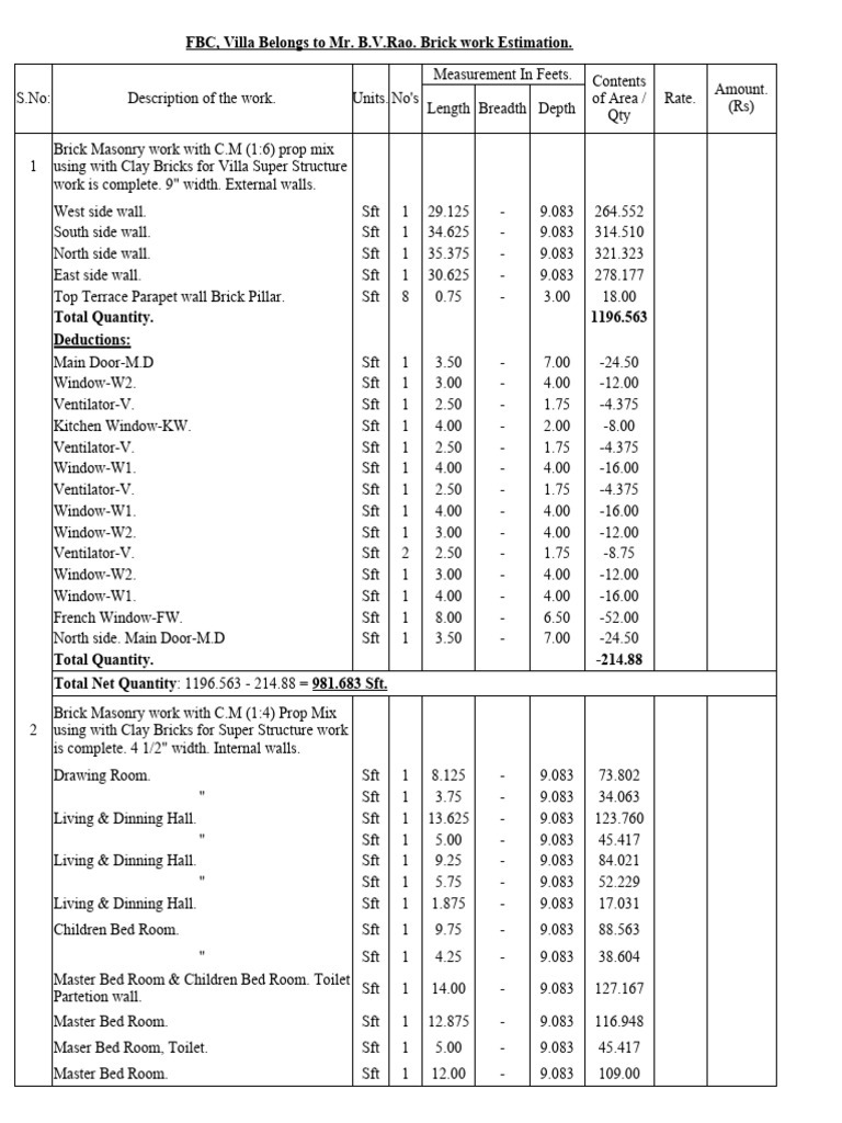 FBC - Villa Belongs To B.v.rao. Brick Masonry Work. | PDF | Length | Brick