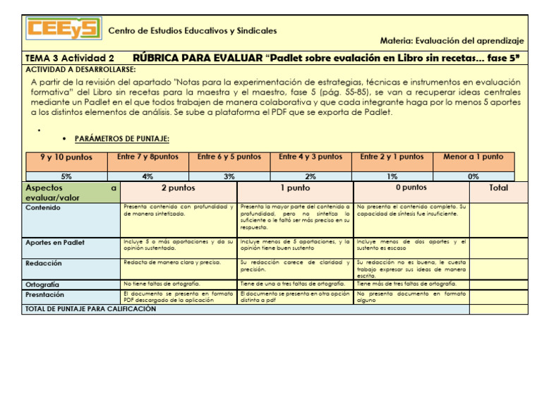 RÙBRICA Padlet Tema 3 Act 2 | PDF | Evaluación | Aprendizaje