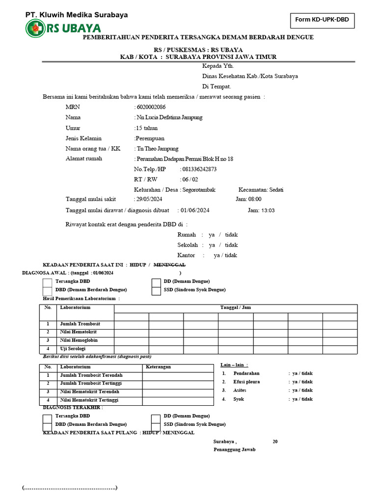 Pemberitahuan Penderita Tersangka DBD | PDF