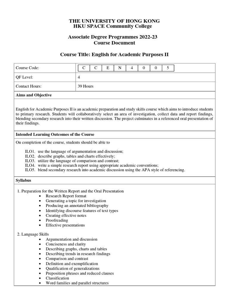 CCEN4005 Course Outline: EAP II | PDF | English Language | Linguistics
