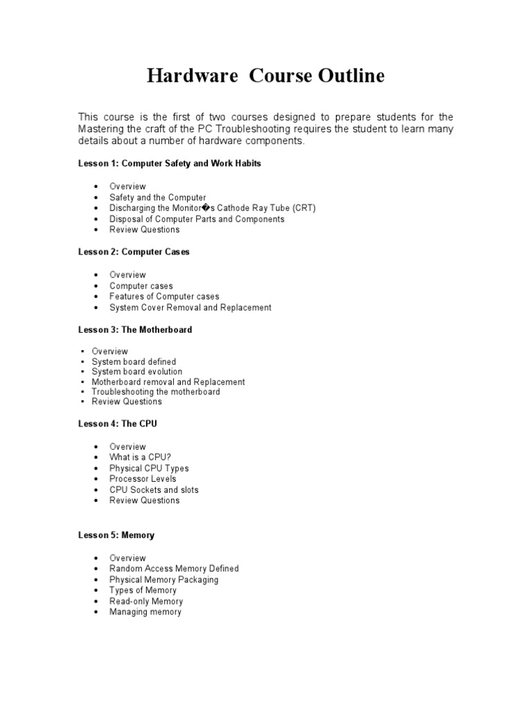 Hardware Course Outline: Lesson 1: Computer Safety and Work Habits ...