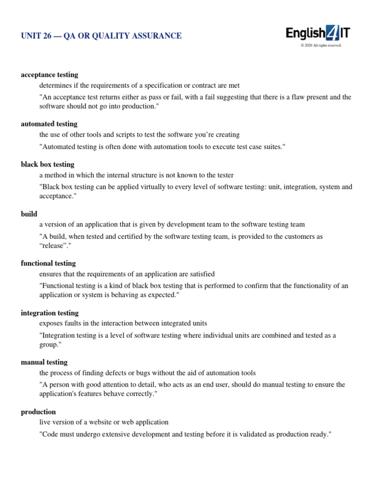 English 4 IT - Unit 26 Vocabulary | PDF | Software Testing ...