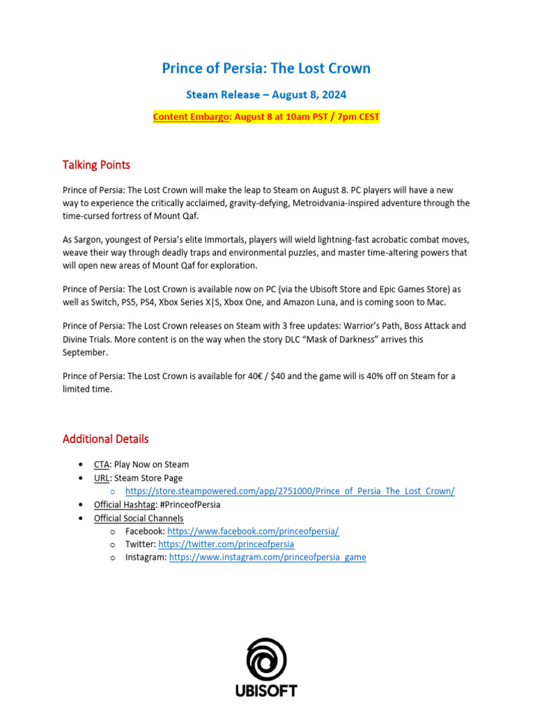 Prince of Persia: Lost Crown Steam Launch | PDF