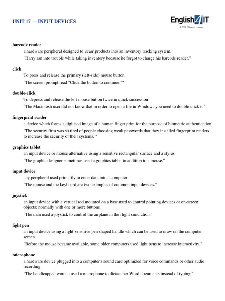 Input Devices Vocabulary Guide | PDF | Cursor (User Interface) | Software