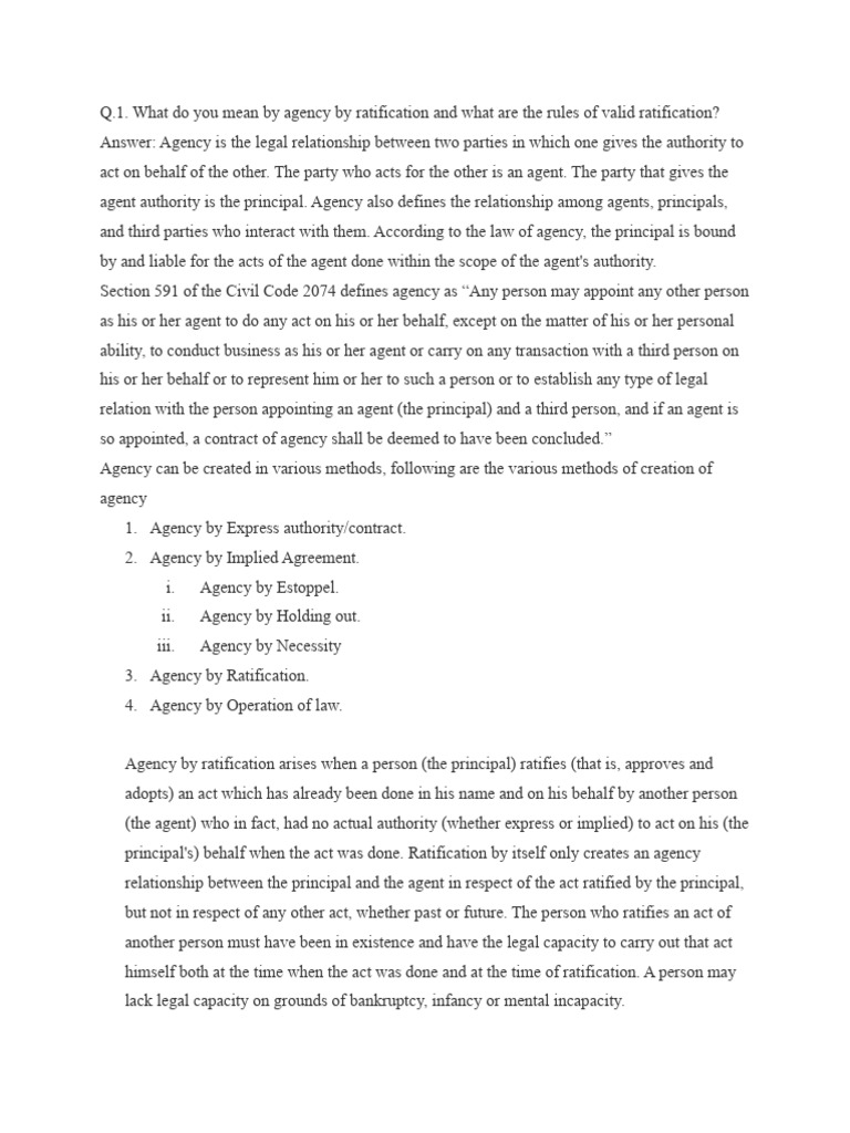 Agency by Ratification and Types of Agents | PDF | Law Of Agency ...
