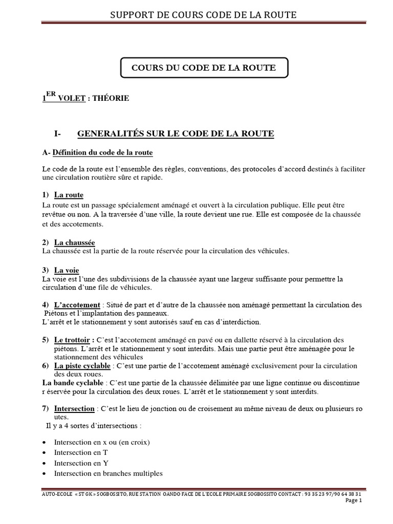 Support de Cours : Code de la Route | PDF | Feu de circulation ...