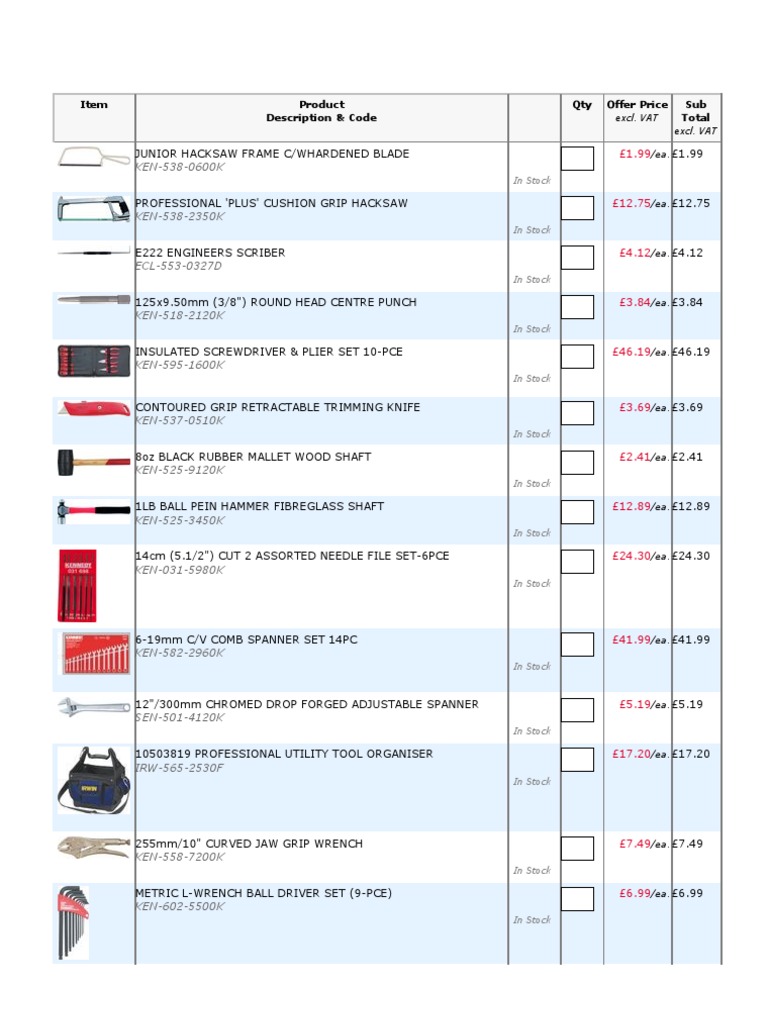 Tool List PDF Metalworking Tools