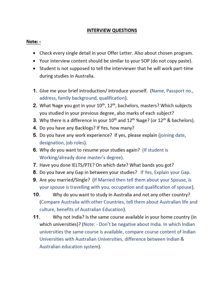 Essential Interview Questions for Australia Study Visa | PDF | Income ...